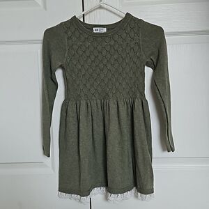 H&M Girl's Knitted Long Sleeves Midi Sweater Dress With Lace Hem 6-7 Olive Green
